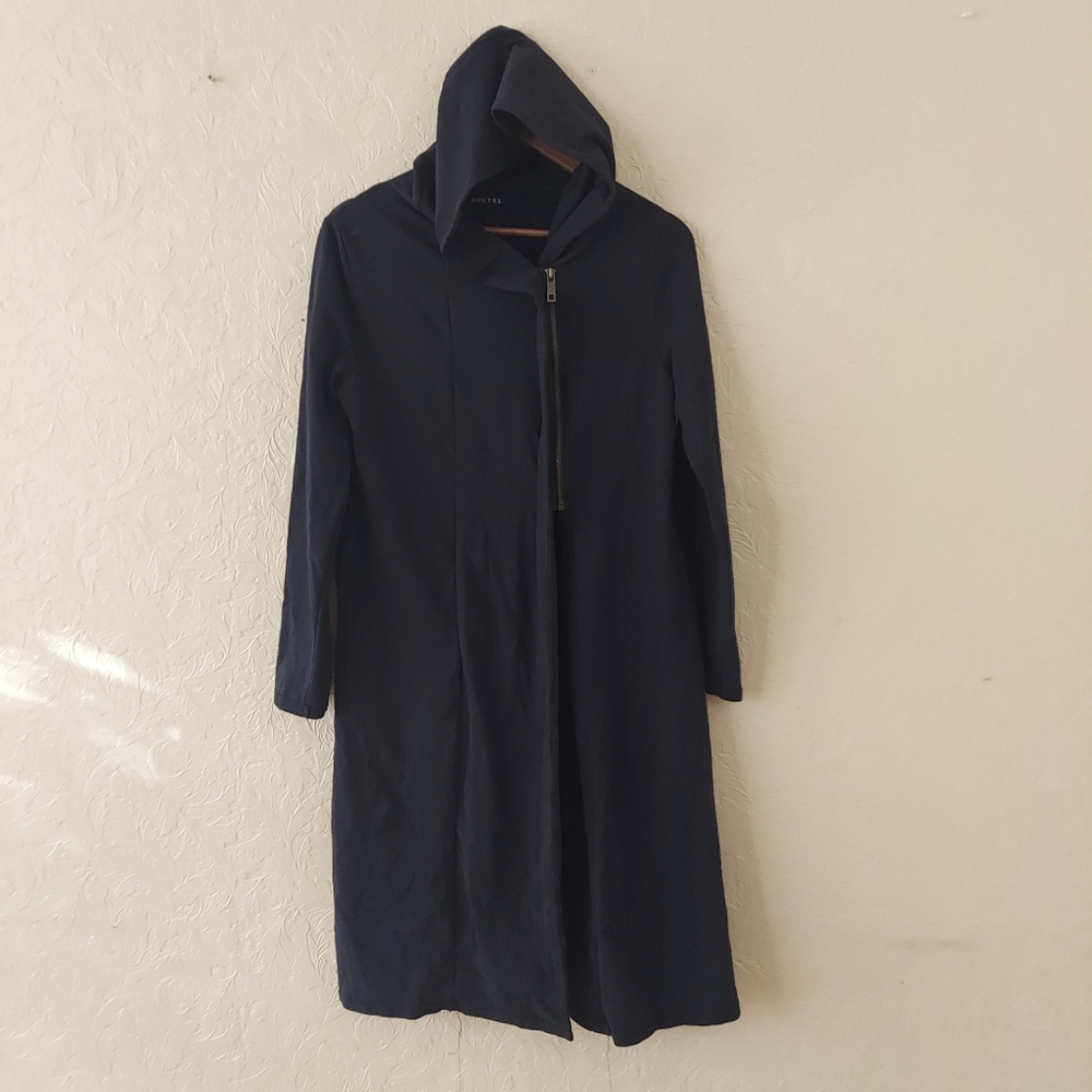 Noctex Black Asymmetrical Zip Long Slit Hooded Sweatshirt Pockets Stretch Knit